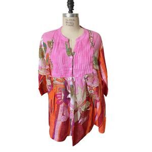 Antica Sartoria Positano Pink Floral Print Cotton Tunic Size Medium